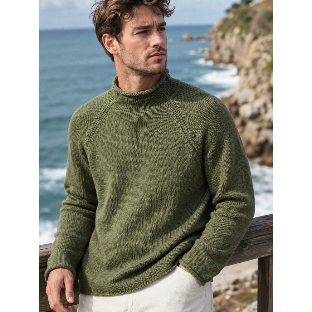 J Crew Rollneck Sweater Mens L Green‎ 1988 Cotton Knit Fisherman Oarsman BW186